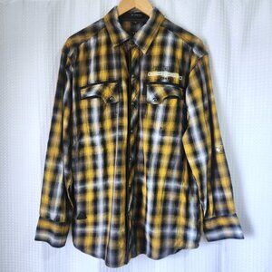 Mens Denim Plaid Shirt Medium (16in) Long Sleeve 100% Cotton Snap Close…